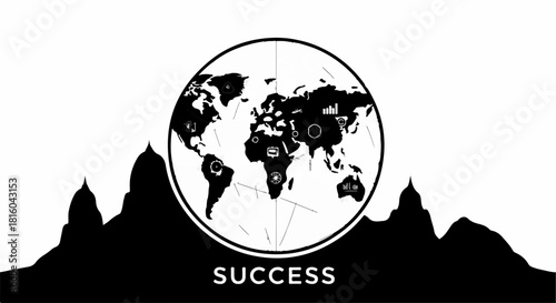 Global success symbolized by a world map graphic atop silhouetted mountains.