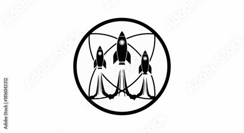 Three rockets launching upwards within a circular emblem, symbolizing space exploration and ambition.