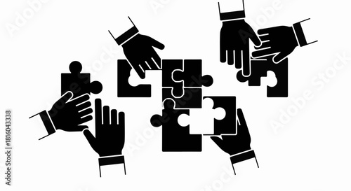 Diverse hands collaborate to solve a complex puzzle, symbolizing teamwork and problem-solving.