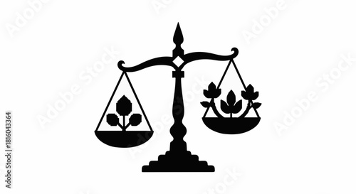 Balance scales with plants symbolizing environmental justice and ecological harmony.