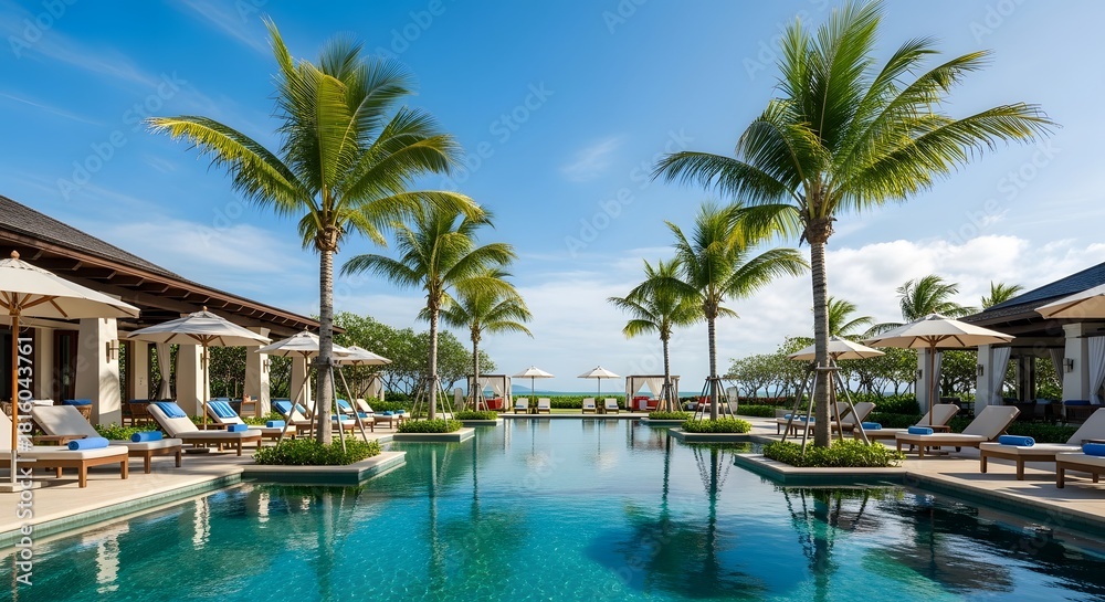 Fototapeta premium Luxury resort swimming pool area with palm trees and blue sky