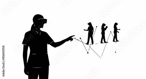 Silhouette of person in VR headset interacting with digital data and other users in virtual space