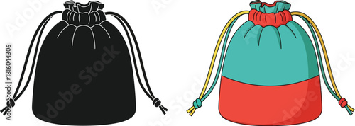 Two drawstring bags one black and one teal with red accents isolated