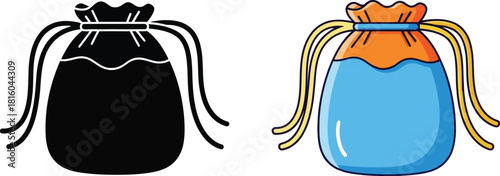 Two drawstring bags a black outline and a colored version illustration