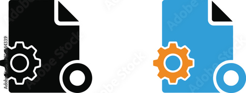 File document with gear icons black and blue color variations shown