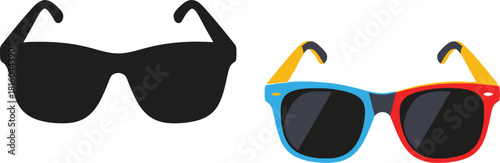 Colorful sunglasses and a classic black pair are displayed side by side