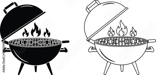 Two line art depictions of a round barbecue grill with open lids