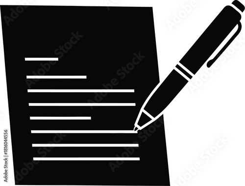 A black and white illustration of a pen resting on a document