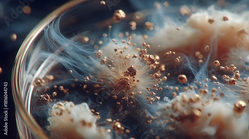 Fascinating macro shot inside a glass petri dish, showing the intricate and abstract patterns of growing mold and bacteria with thread-like structures.