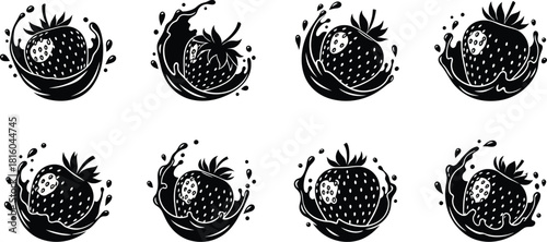 Black and white illustration of splashing strawberries in a repeating pattern