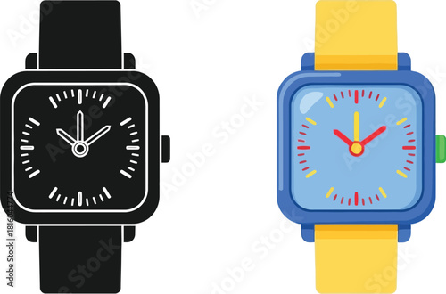 Two smartwatches with different colored straps and watch faces are shown