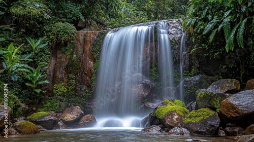 A beautiful waterfall cascading over moss covered rocks in a lush green forest landscape