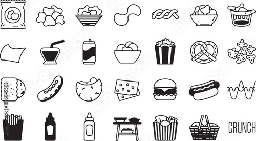 Black and white line art icons of various snack foods and drinks chips