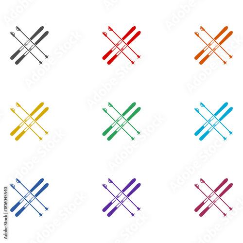 Pair of skis and ski poles icon isolated on white background. Set icons colorful