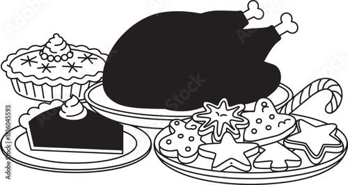 Black and white line art illustration of a roasted turkey pie and cookies slice of pie