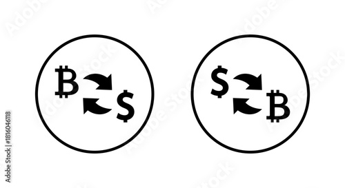 Crypto exchange icon in circular outline. Bitcoin to dollar conversion arrows symbol