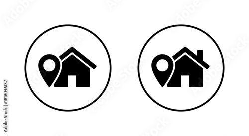 Home location icon in circular outline. House with map pin symbol. Residential address sign