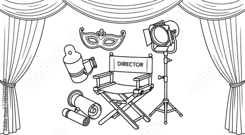 Black and white line art illustration of film production equipment on a stage movie cinema