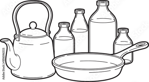 Black and white line art illustration of kitchenware including a teapot frying pan and bottles kettle