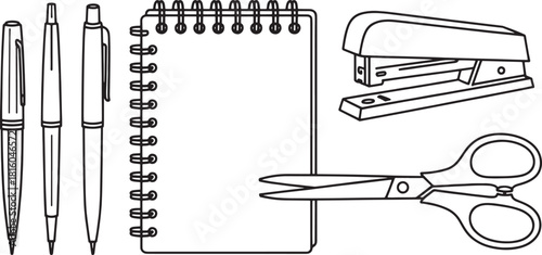 Black and white line art illustration of office supplies including pens stapler scissors and notebook