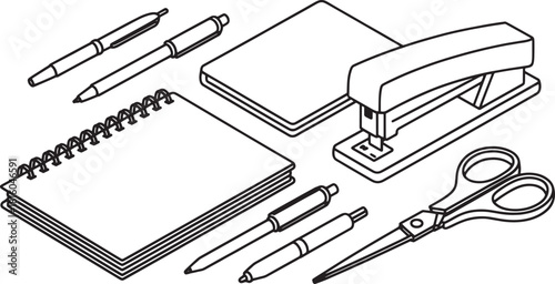 Black and white line art illustration of office supplies including pens stapler scissors and notebooks