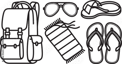 Black and white line art illustration of travel and beach items backpack sunglasses 1