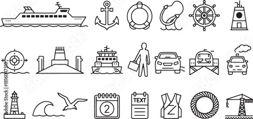 Collection of nautical and travel line art icons including ferries cars and lighthouses