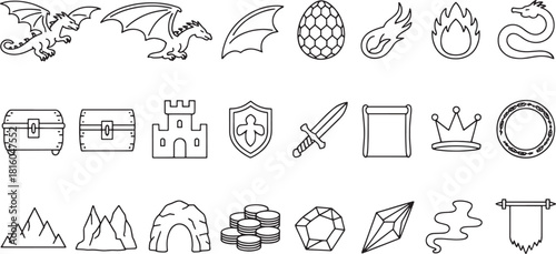 Fantasy icons set with dragons castles treasure gems and weapons line art lore