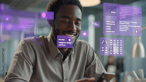 Smiling man using smartphone with ai customer engagement interface glowing modern office showing digital communication technology connection