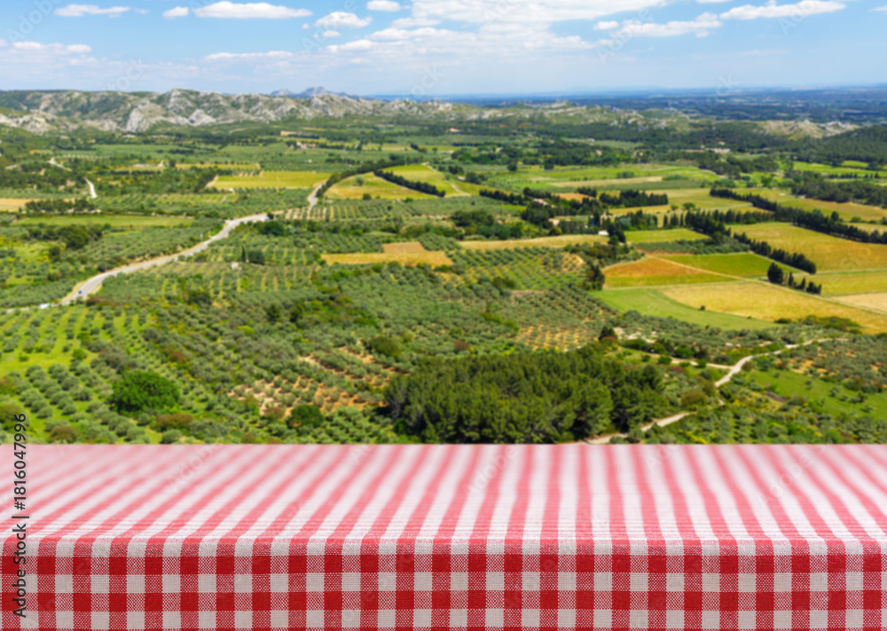 Naklejka premium Empty red and white checkered tablecloth for picnic and rural landscape of colorful fields, farmlands, meadows