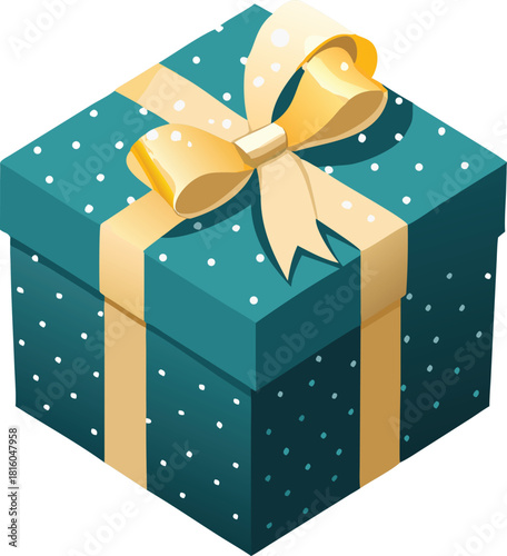 A teal gift box beautifully wrapped with a golden ribbon and a decorative