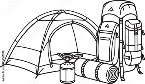 Line art illustration of camping gear including tent backpack sleeping bag and stove camping stove