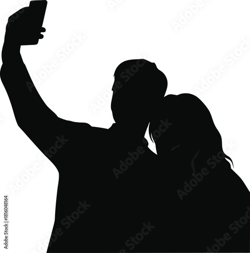 A couple happily taking a selfie together silhouetted against a bright background