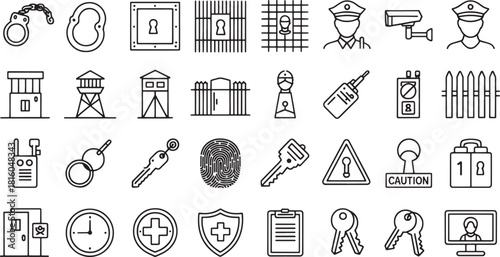 Security icons handcuffs prison guard key fingerprint caution sign surveillance camera jail