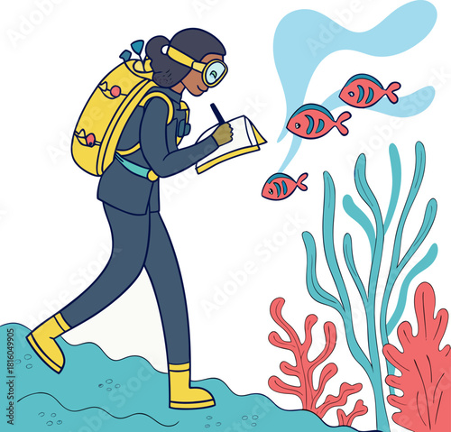 A cartoon illustration depicts a scuba diver, appearing to be female, of indeterminate ethnicity and age, in a vibrant underwater scene. The diver is dressed in a dark blue scuba suit with a yellow ox
