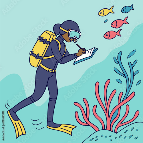 A cartoon illustration depicts a scuba diver, appearing to be female, of indeterminate ethnicity and age, in a vibrant underwater scene. The diver is dressed in a dark blue scuba suit with a yellow ox