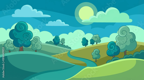 landscape with trees and green abstract hills vector wallpaper background, for kid books and games