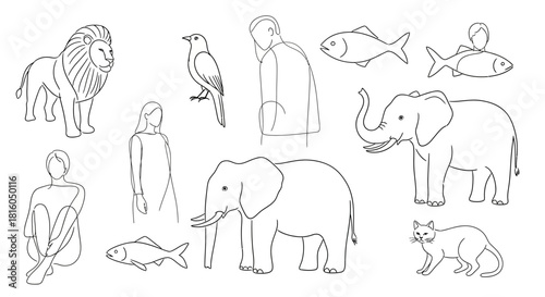 Linear animal and human figures arranged together in a balanced composition