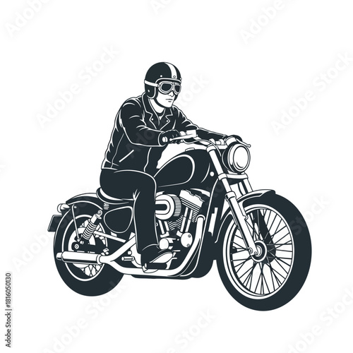 Vintage motorcycle rider cruising on a classic bike in monochrome style illustration