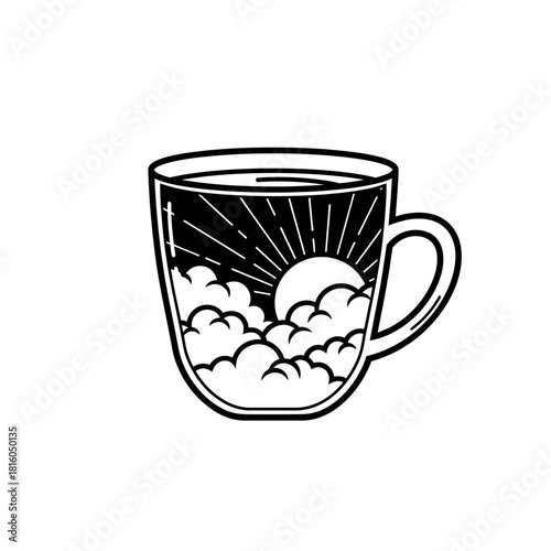 Sunrise serenity in a teacup: A dreamy escape captured in monochromatic simplicity and clean lines