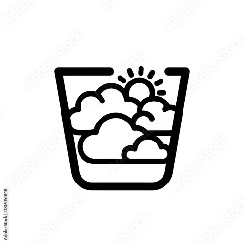 Whimsical cloudscape captured in a minimalist outline icon design with cheerful sun