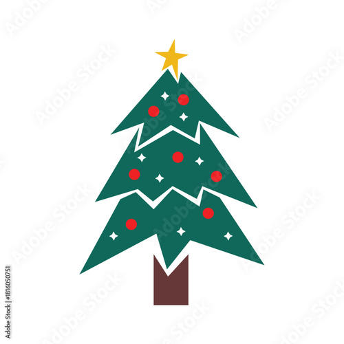 A simple flat design illustration of a green Christmas tree decorated with red baubles and a yellow star, representing the festive holiday season