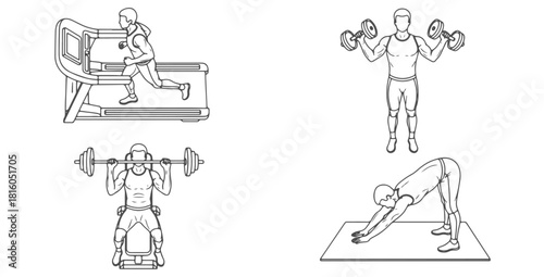CAD Drawings. Top view of people exercising — running on treadmill, lifting weights, using bench press, stretching on mat. Vector illustration.