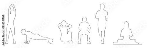 Front view CAD drawing of outline people exercising — one stretching, one doing push-ups, one doing sit-ups, one jogging pose, one squatting, one yoga pose. Vector illustration.