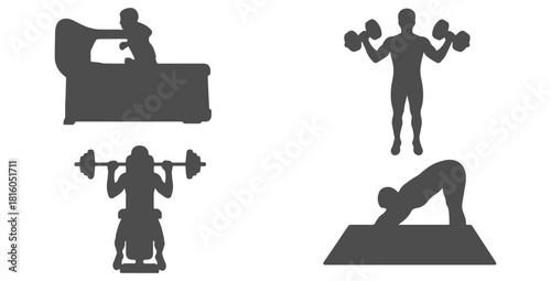 CAD Drawings. Top view of silhouette people exercising — running on treadmill, lifting weights, using bench press, stretching on mat. Vector illustration.