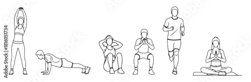 Front view CAD drawing of six people exercising — one stretching, one doing push-ups, one doing sit-ups, one jogging pose, one squatting, one yoga pose. Vector illustration.