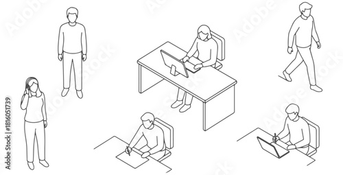 Top view CAD drawing of office people — one sitting, one standing, one walking, one leaning forward, one writing posture, one relaxed listening posture
