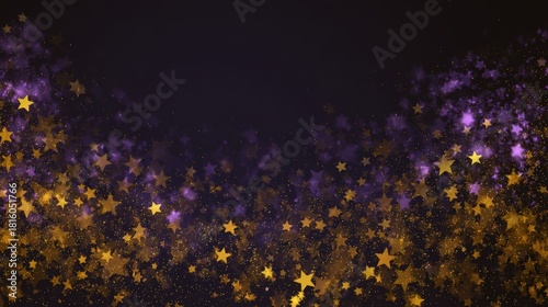 A vibrant background features shimmering gold and purple stars scattered across a dark canvas, ideal for celebrations, invitations, or festive projects,