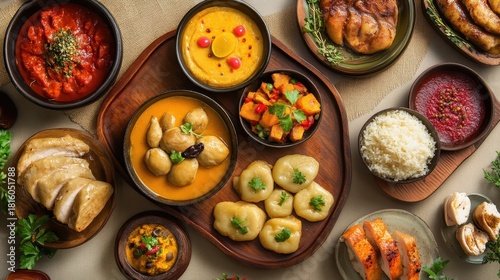 Wallpaper Mural Assortment of traditional cultural dishes served on a wooden tray Torontodigital.ca