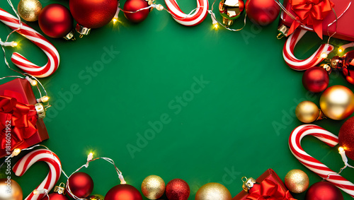 Christmas holiday frame with gifts, candy canes and ornaments